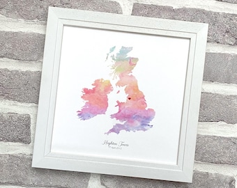 Framed silk map print, watercolour country outline, personalised 4th or 12th anniversary gift