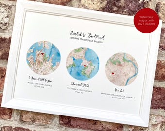 Custom watercolour map print, engagement, wedding, 1st paper or 2nd cotton anniversary gift