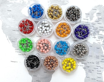 Small 3mm push pins, pinboard corkboard travel map, gold, silver, pewter, rose, red, orange, yellow, green, blue, purple, pink, black, white