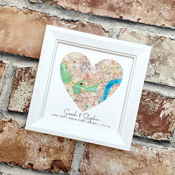 Custom silk wedding anniversary map with caption, romantic watercolour silk map frame, any location, 4th 12th anniversary gift for her