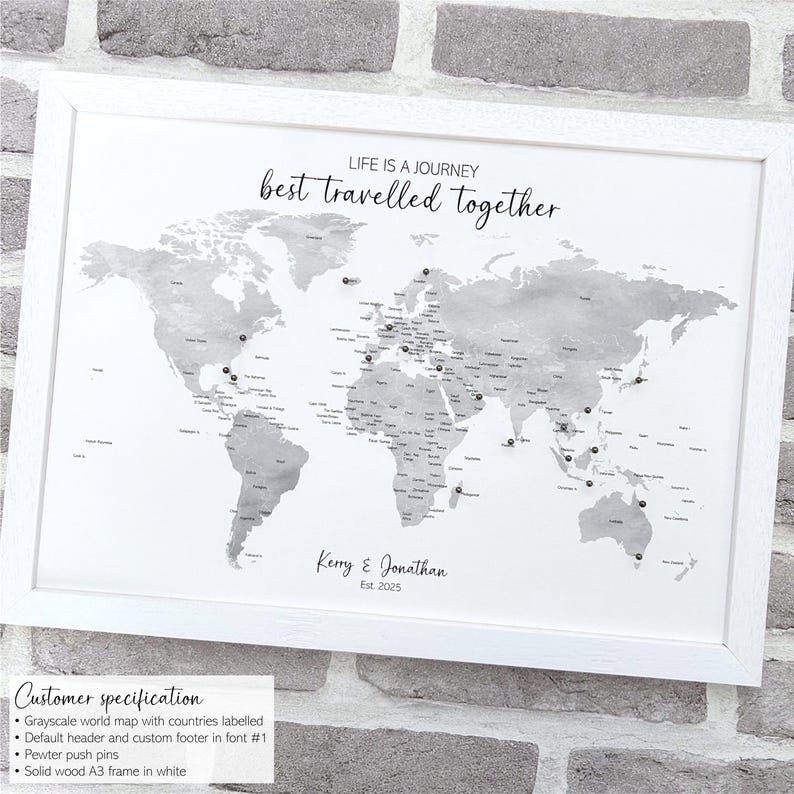 Custom grayscale monochrome push pin world map, small personalised canvas pinboard, wanderlust adventure travel map, minimalist modern décor Bild 9