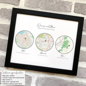 Custom silk map love story, 4th or 12th wedding anniversary gift for husband, met engaged married home, personalised love story with 3 maps image 8