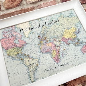Custom vintage world map pinboard, personalised canvas travel pin map, push pin travel map with antique map background, life is a journey