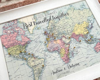 Custom vintage world map pinboard, personalised canvas travel pin map, push pin travel map with antique map background, life is a journey
