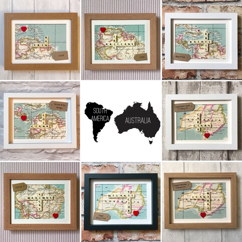 Personalised world map engagement frame vintage map Etsy