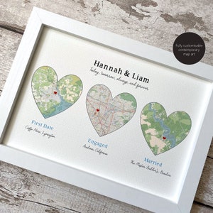 Custom contemporary 3 location map art, met engaged married home, wedding anniversary engagement gift, modern maps available worldwide
