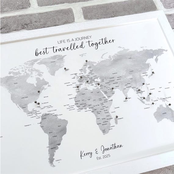Custom grayscale monochrome push pin world map, small personalised canvas pinboard, wanderlust adventure travel map, minimalist modern décor