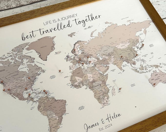 Custom detailed political world push pin map, natural vintage colour palette, neutral shades, cream & beige, small personalised A3 pinboard
