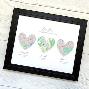Custom silk map love story, 4th or 12th wedding anniversary gift for husband, met engaged married home, personalised love story with 3 maps image 1