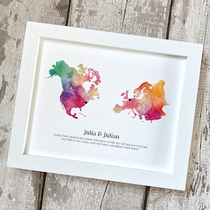 Impression personnalisée de carte de pays, carte d'amour à deux emplacements, art de carte aquarelle lumineux, longue distance, cadeau de déménagement, anniversaire de coton ou de papier