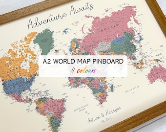 Custom political push pin world map, A2 family travel tracker, neutral rich earth tones, personalised bohemian wall décor