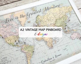 Custom vintage push pin world map, A2 family travel tracker, romantic antique atlas