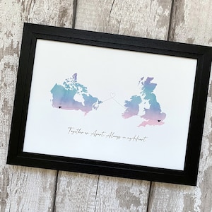 Zwei Orte Aquarell Liebe Karte, Karte für Fernbeziehungen, zwei Länder oder Staaten, Geschenk für die beste Freundin, die an Sie denken