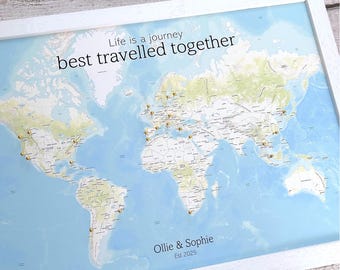 Custom push pin physical world map, small personalised canvas pinboard, wanderlust adventure travel tracker