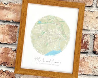 Personalised watercolour map, 1st paper, 2nd cotton or 12th silk wedding anniversary gift