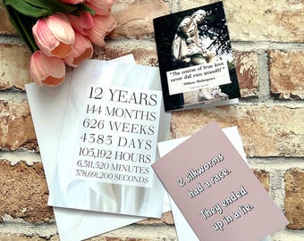Silk wedding anniversary card, 4th 12th anniversary card, 12 year anniversary card, A5 or A6, envelope included, blank inside, 8 designs