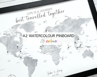 Personalised A2 watercolour world map pinboard, framed push pin travel map, 25 colours