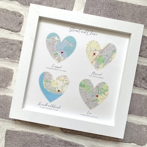 Kaartkunst liefdesverhaal zijde, 4 locaties, 4e 12e huwelijksverjaardag cadeau voor echtgenoot, ons verhaal, thuiskaarten verloofde getrouwde huwelijksreis