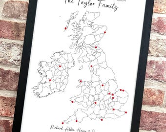 Personalised outline United Kingdom pushpin map with counties, UK pinboard, adventures around British Isles, minimalist modern contemporary