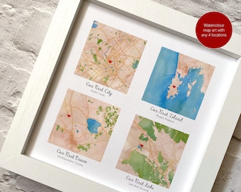 Personalised framed map print, four map locations, met engaged married honeymoon, long distance family, life story, cotton paper anniversary