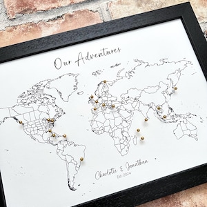 Personalised mini push pin line world map, minimalist modern contemporary, adventure travel map pinboard, wedding anniversary birthday gift