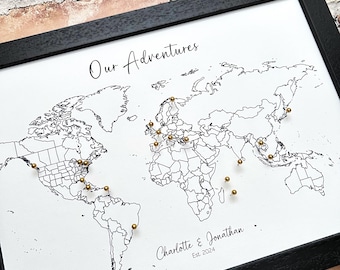 Personalised mini push pin line world map, minimalist modern contemporary, adventure travel map pinboard, wedding anniversary birthday gift