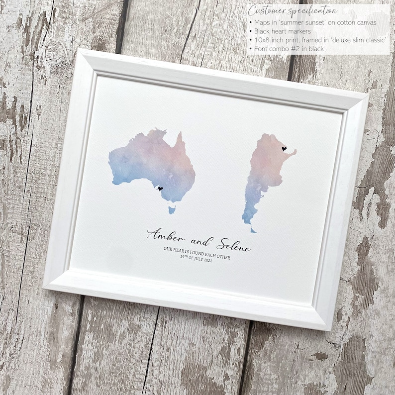 Personalised two location love map, long distance engagement or wedding gift, framed two countries or states, our journey so far map print image 8