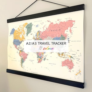 Canvas world map print with contemporary A2/A3 hanging frame, vintage or modern maps, adventure travel tracker