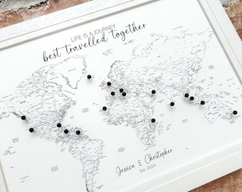 Custom small black and white push pin world map, countries and US states labelled, adventure travel map pinboard, wedding anniversary gift