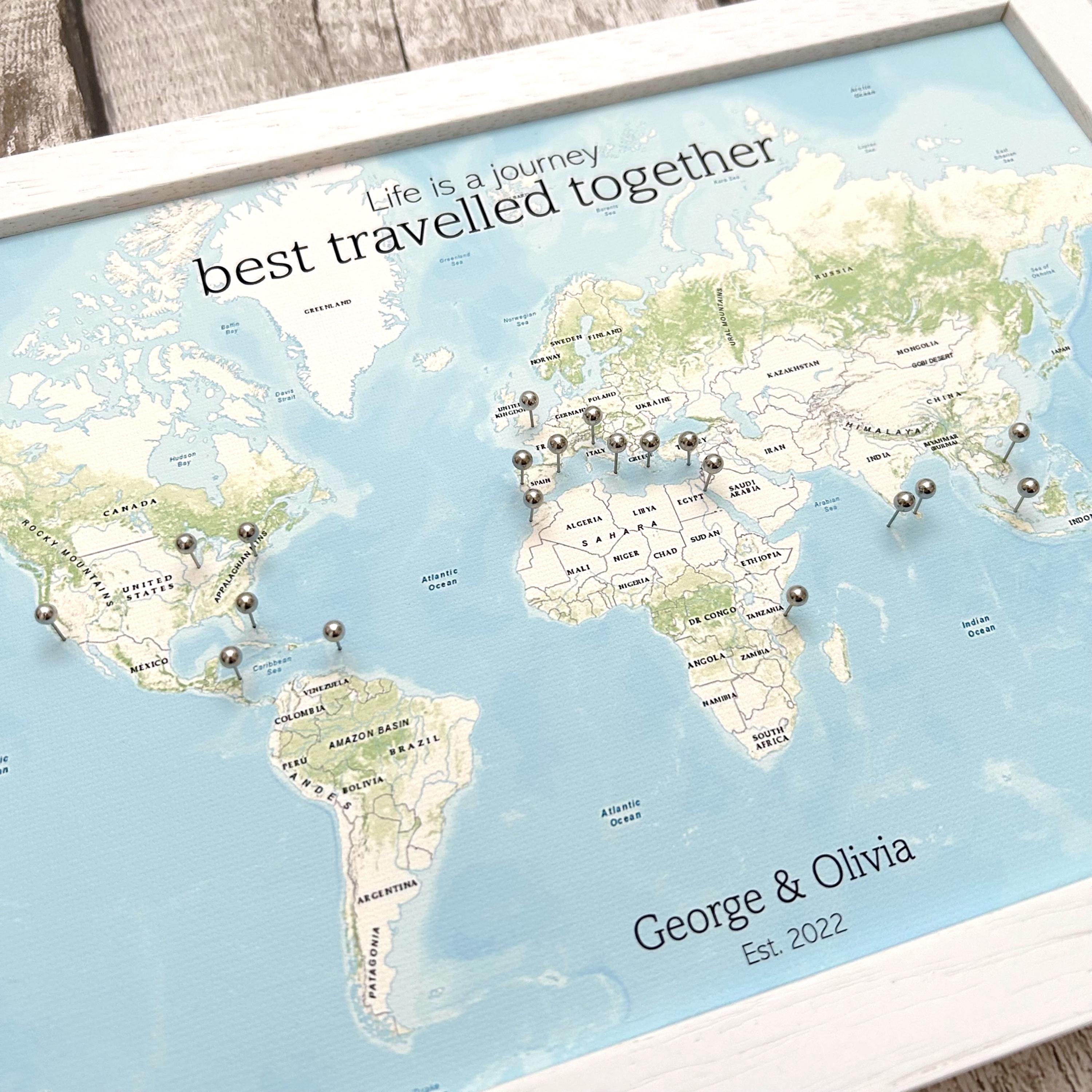 Custom push pin physical world map, small personalised canvas pinboard, wanderlust adventure travel map, wedding or anniversary couple gift