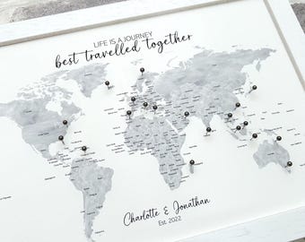 Custom grayscale monochrome push pin world map, small personalised canvas pinboard, wanderlust adventure travel map, minimalist modern décor