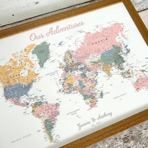 Custom pastel rainbow world map pinboard, soft pretty retro candy colours, personalised sweet romantic gift for her, small A3 pushpin map