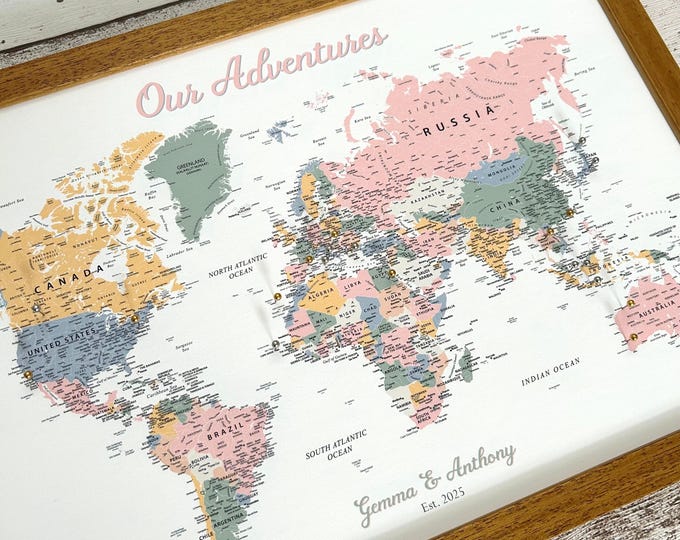 Custom pastel rainbow world map pinboard, soft pretty retro candy colours, personalised sweet romantic gift for her, small A3 pushpin map
