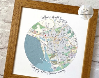 Modern silk map art, 12 year wedding anniversary gift for husband, where it all began map frame, 12th anniversary gift, silk gift for men
