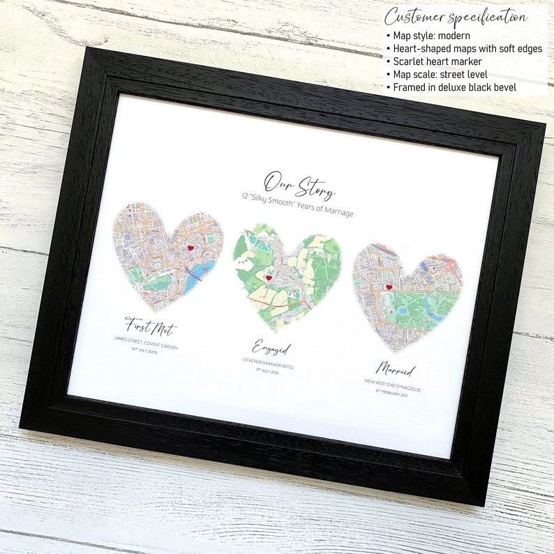 Custom silk map love story, 4th or 12th wedding anniversary gift for husband, met engaged married home, personalised love story with 3 maps image 6