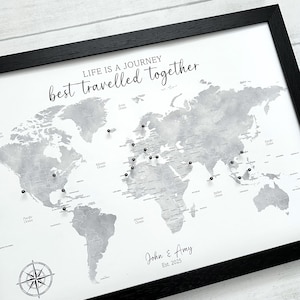 Personalised grey monochrome watercolour world map pinboard, US Canada Australia states, our adventures, our travels, couple gift, grayscale