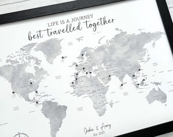 Personalised grey monochrome watercolour world map pinboard, US Canada Australia states, our adventures, our travels, couple gift, grayscale