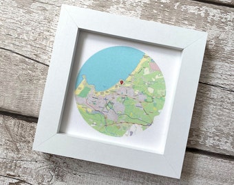 Personalised silk map art frame, any location, modern and vintage maps, 4th anniversary gift, gift for 12th anniversary, husband or wife