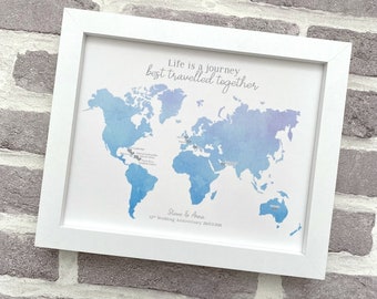 Personalised framed watercolour silk world map, our travels map print, adventuring together, custom silk gift,  silk wedding anniversary art