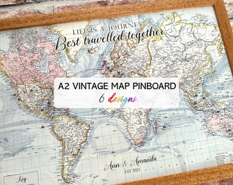 Personalised antique world push pin travel map, A2 size, vintage décor