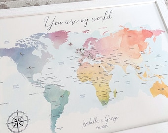 Custom rainbow watercolour world map pinboard, small personalised canvas push pin travel tracker