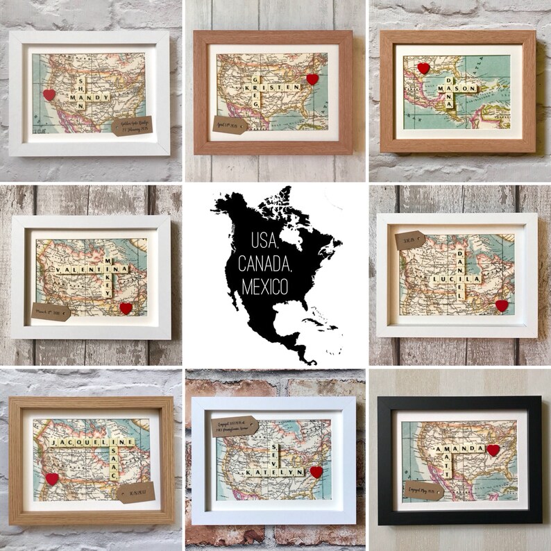 Personalised world map engagement frame vintage map Etsy