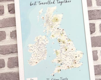 Custom push pin map, UK, United Kingdom, British Isles, Great Britain, small personalised canvas pinboard, our adventures, family travels