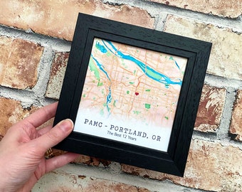 Silk anniversary map with custom wording, framed watercolour silk map art, any location, 4th 12th wedding anniversary gift, 5x5 inch frame