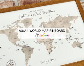 Custom world map push pin board, travel map with pins, 24 watercolour backgrounds, personalised travel gift, travel tracker, travel memories