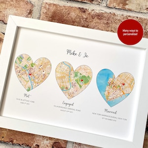 Stampa di una mappa ad acquerello tripla, storia d'amore di coppia, luna di miele tra fidanzati, anniversario di matrimonio, regalo di fidanzamento, con o senza cornice.
