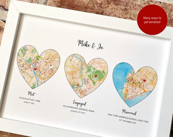 Triple watercolour map print, couple love story art, met engaged married honeymoon, wedding anniversary engagement gift