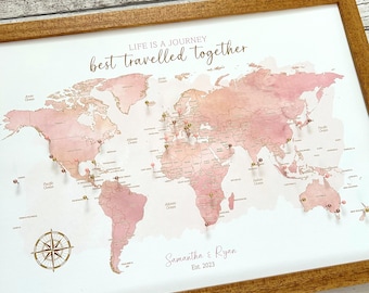 Custom blush pink and gold watercolour world map pin board, canvas push pin adventure tracker