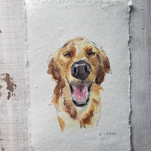 May include: Watercolor painting of a golden retriever dog with its mouth open and eyes closed. The dog is painted in shades of brown and yellow on a white background. The artist's signature, "V.I.OGEL", is in the bottom right corner.