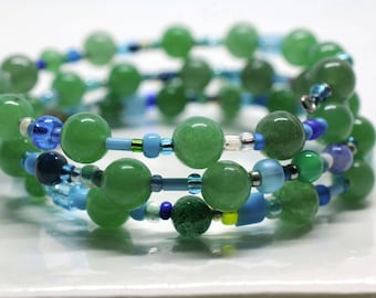 Aventurijn edelsteenarmband, memory wire-armband, kralensoeparmband